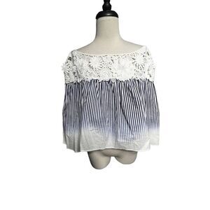 Milly Off The Shoulder Striped Trumpet Sleeve Blouse Size 4 Blue and White